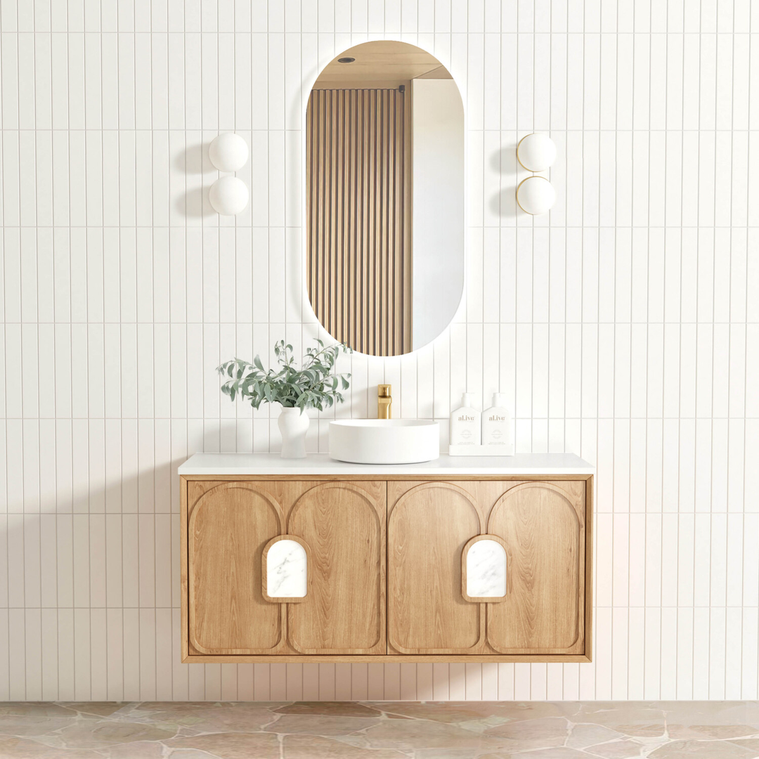 Otti Laguna Natural American Oak 1200X460 Vanity With Pure White Stone Top