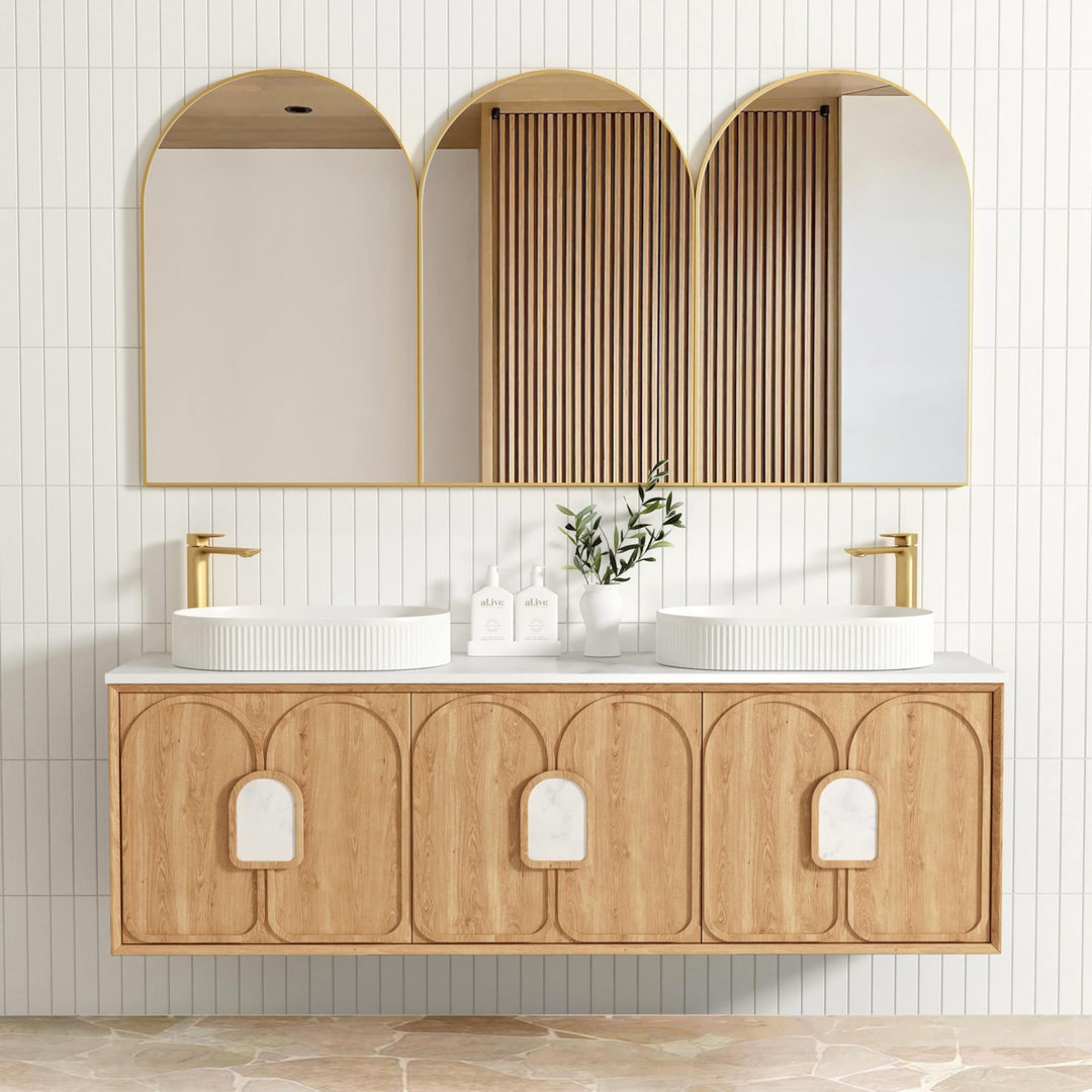 Otti Laguna Natural American Oak 1800X460 Plywood Vanity Natural Carrara Marble Top