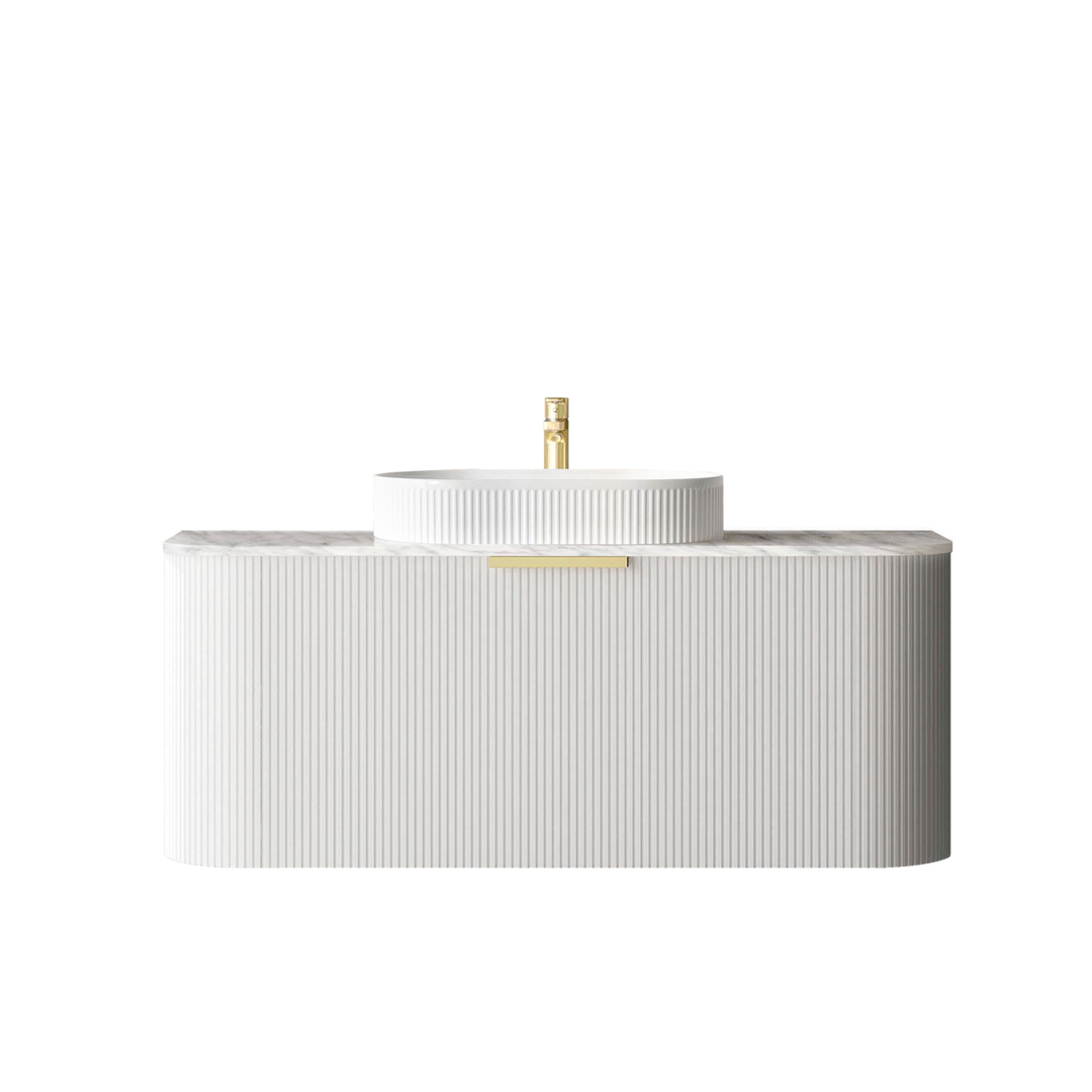 Otti Bondi 1200X460X450 Wall Hung Satin White Fluted Vanity Natural Carrara & Gold Handle