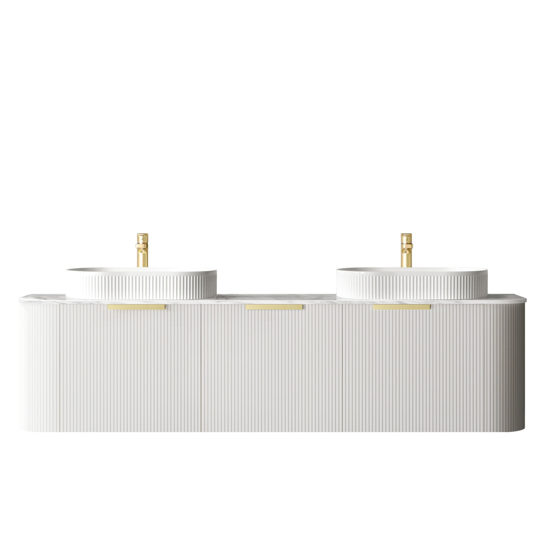 Otti Bondi 1800X460X450 Wall Hung Satin White Fluted Vanity Natural Carrara & Gold Handle