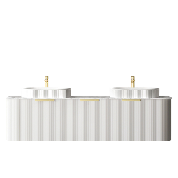 Otti Bondi 1800X460X450 Wall Hung Satin White Fluted Vanity Natural Carrara & Gold Handle