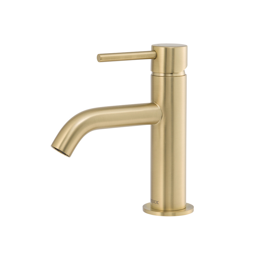 Brasshards Mixx Anise Eco Basin Mixer Curved Spout Brushed Gold Lead Free