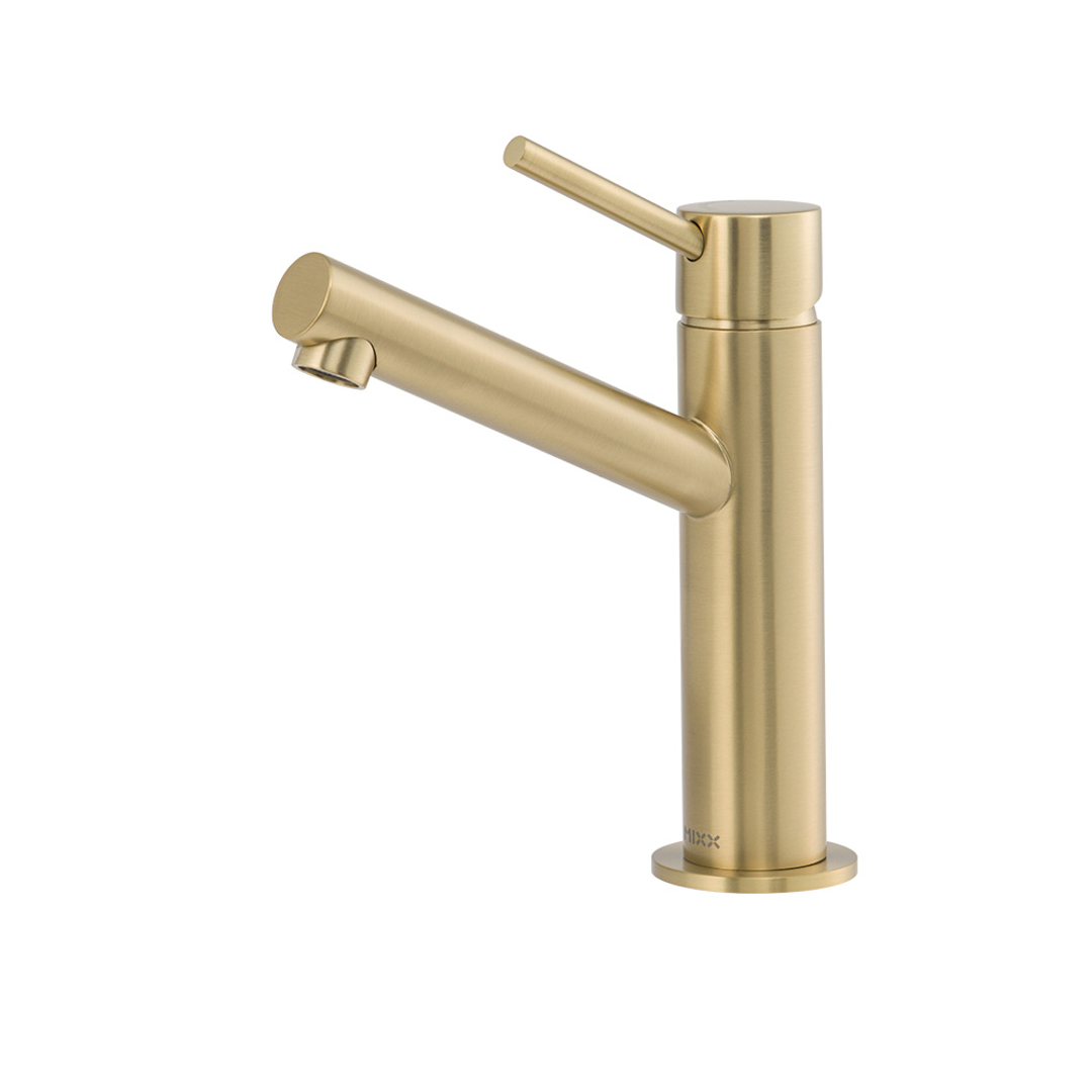 Brasshards Mixx Anise Eco Basin Mixer Upswept Spout Brushed Gold Lead Free