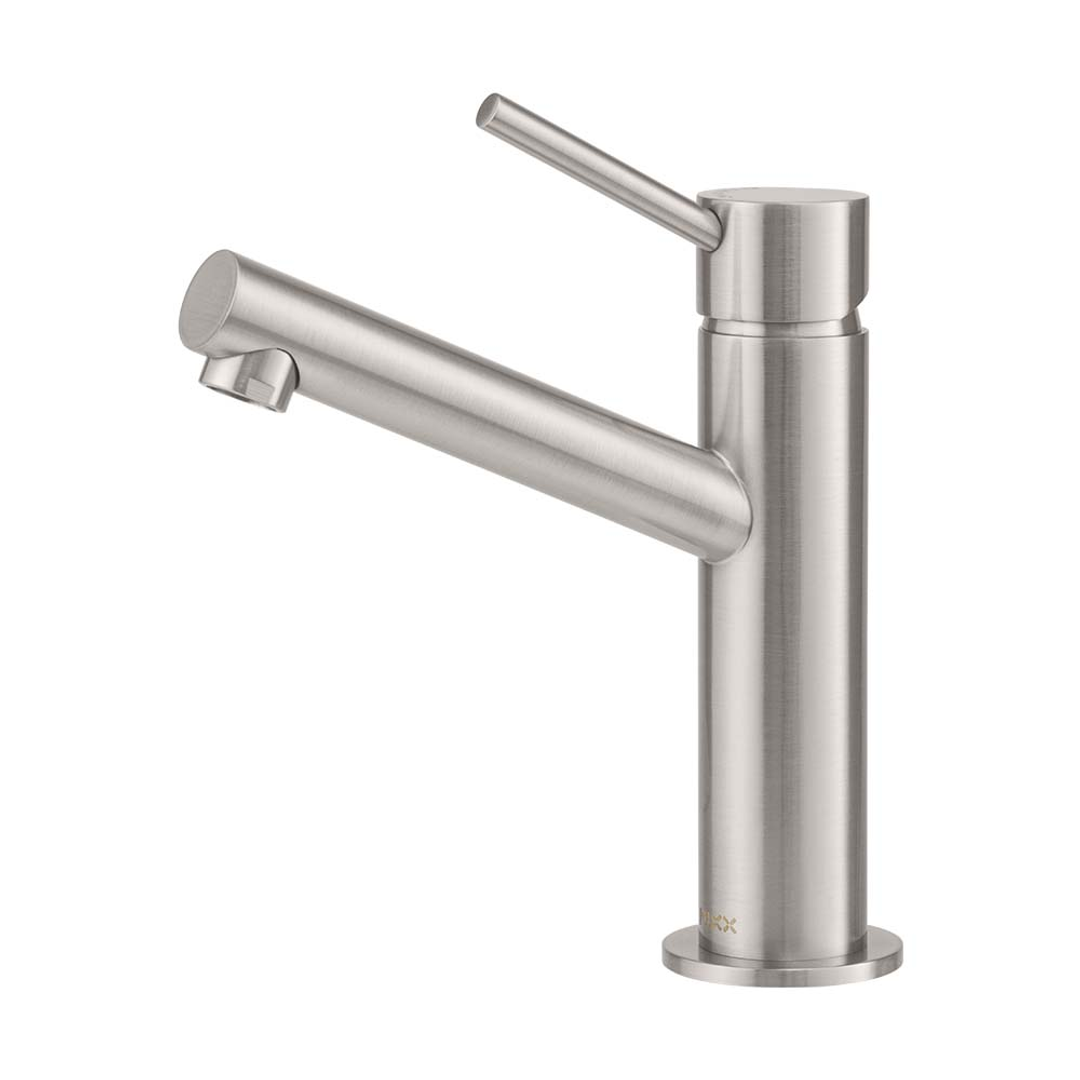Brasshards Mixx Anise Eco Basin Mixer Upswept Spout Brushed Nickel Lead Free