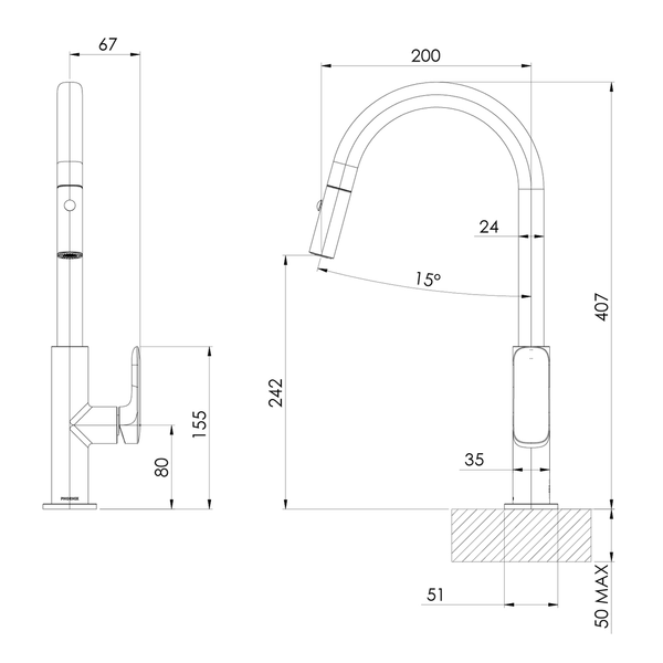 Phoenix Nuage Pull Out Sink Mixer 200mm Brushed Nickel