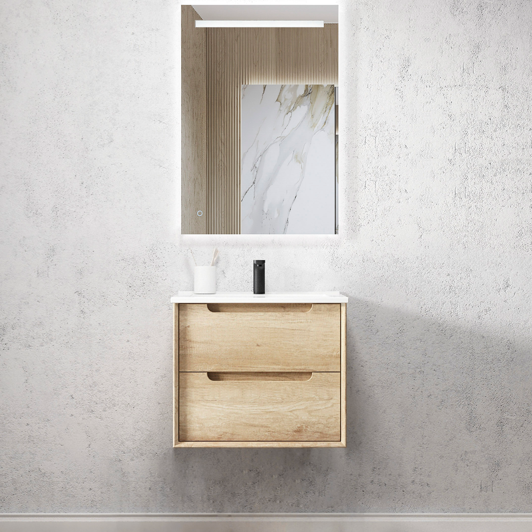 Otti Byron 600X460X550 Wall Hung Natural Oak Plywood Vanity With Slimline Ceramic Top