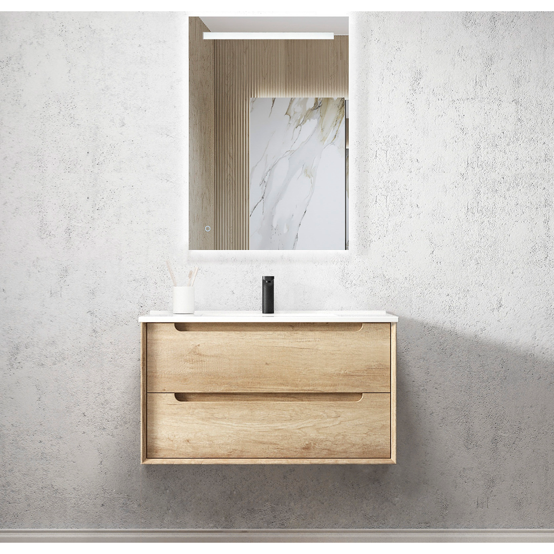 Otti Byron 900X460X550 Wall Hung Natural Oak Plywood Vanity With Pure White Stone Top