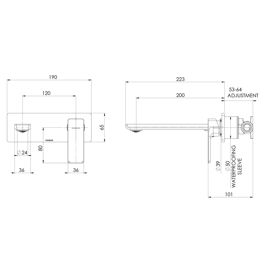 Phoenix Gloss Mkii Wall Basin / Bath Mixer Set 200Mm Brushed Gold