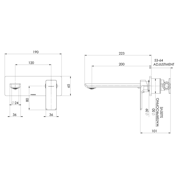 Phoenix Gloss Mkii Wall Basin / Bath Mixer Set 200Mm Brushed Gold