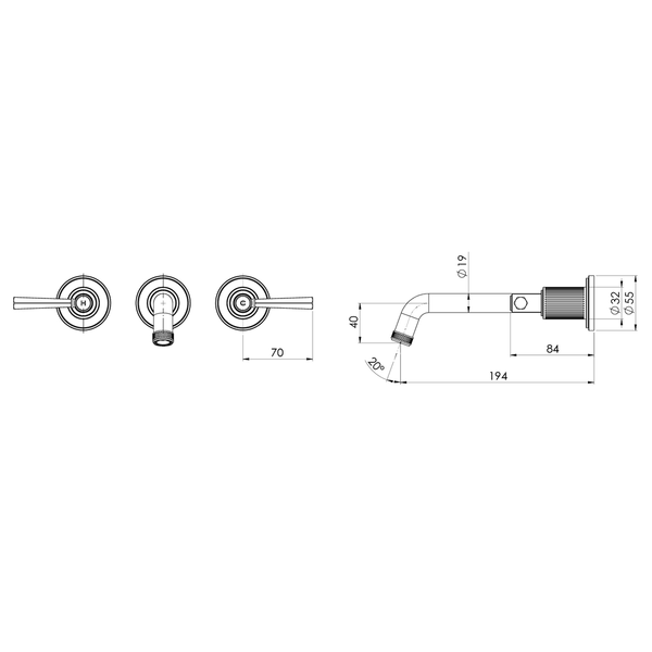 Phoenix Wiltern Wall Basin / Bath Tap Set 190Mm Brushed Carbon