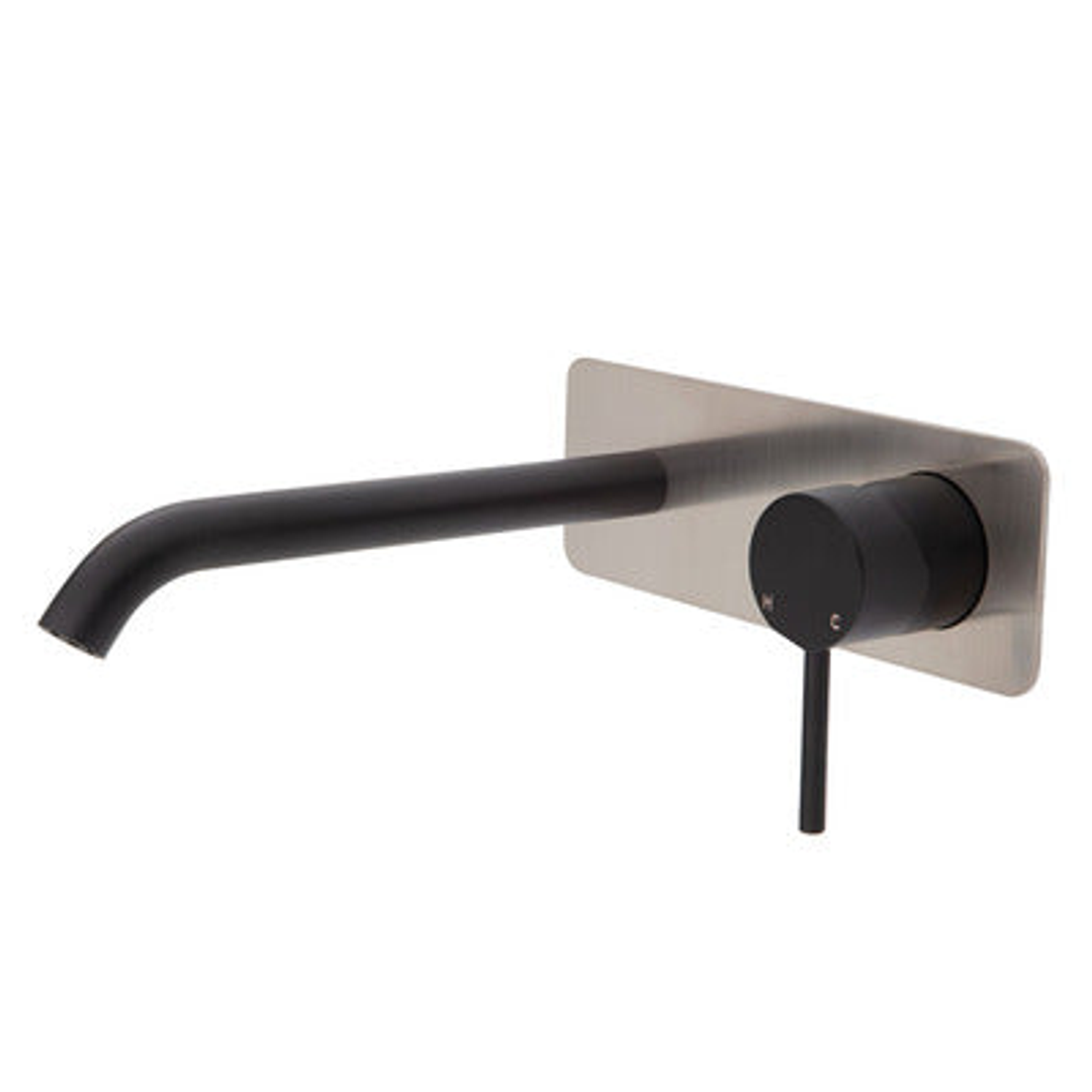 Fienza Kaya Basin/Bath Wall Mixer 200mm Outlet Matte Black Soft Square Brush Nickel Plate