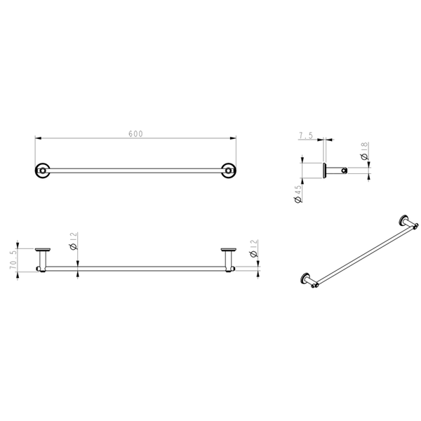 Bella Vista Mica Heritage Single Towel Rail - 600Mm - Black
