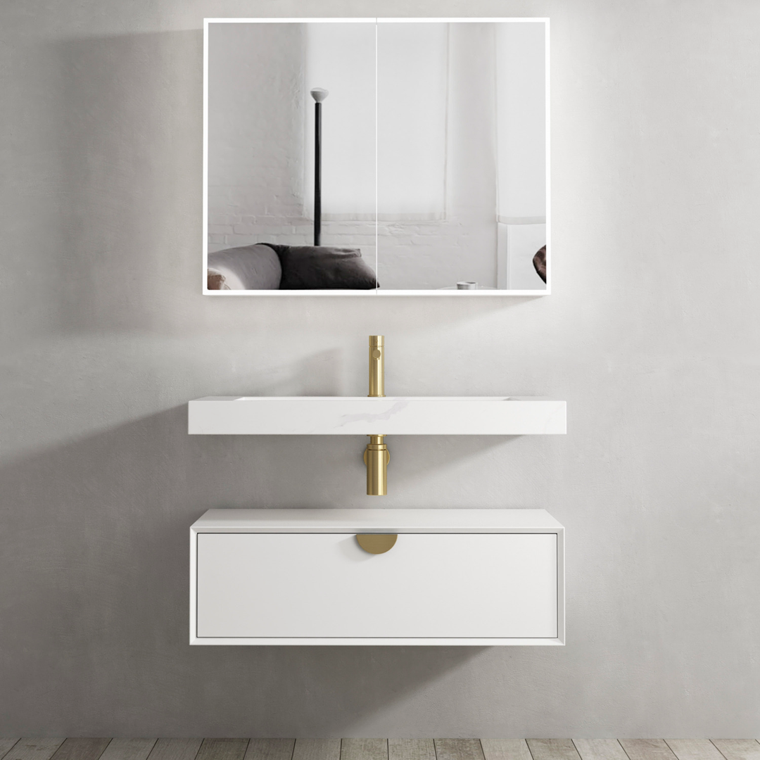Otti Moonlight Wall Hung Cabinet 900 White Single Basin(Gold Handle)