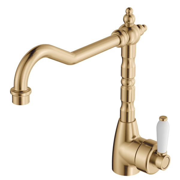 Fienza Eleanor Shepherds Crook Kitchen Sink Mixer Urban Brass /White