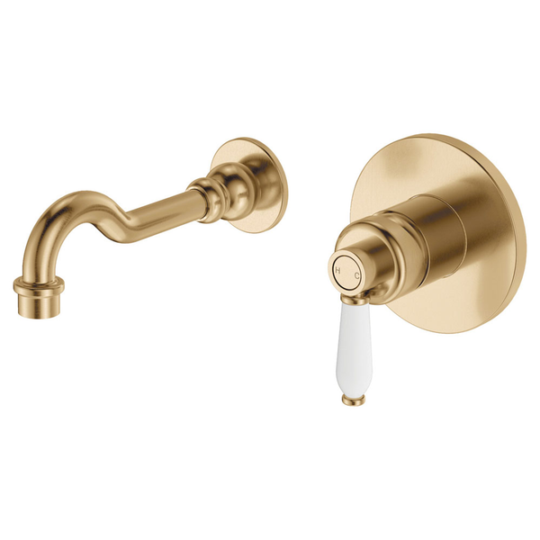 Fienza Eleanor Wall Mixer 215mm Outlet White Hndle Urban Brass