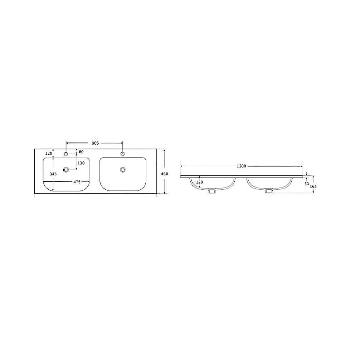 Bnk Naga Ceramic Vanity Top Soft Square Bowl Dbl Gloss White 1 T/Hole 1200X460X165Mm Pb 05120D