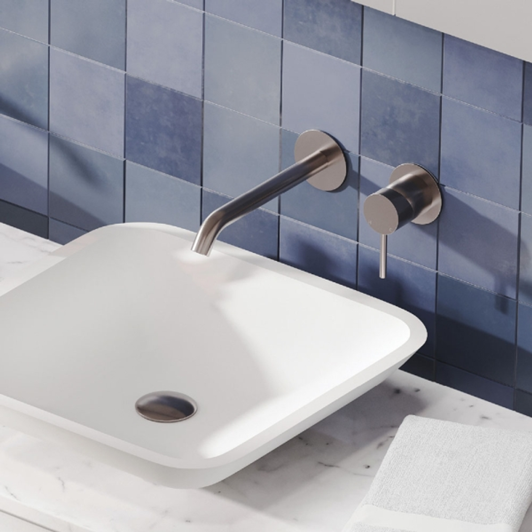 Fienza Kaya Basin/Bath Wall Mixer 160mm Outlet Set Brushed Nickel Round Bn Plates