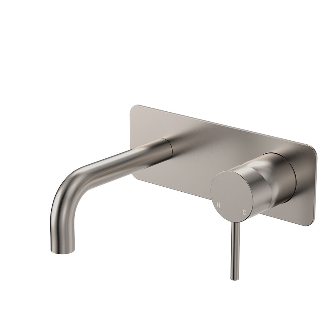 Fienza Kaya Brushed Nickel Basin/Bath Wall Mixer Set Rect Plate 130Mm Outlet Lf Sus304