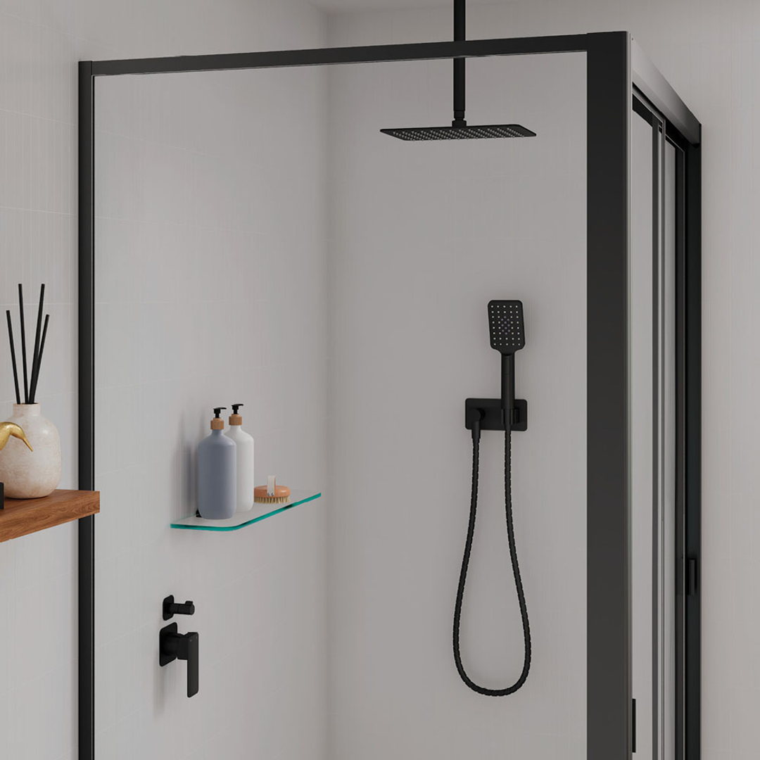 FIENZA TONO WALL DIVERTER MIXER SMALL SQUARE PLATES MATTE BLACK