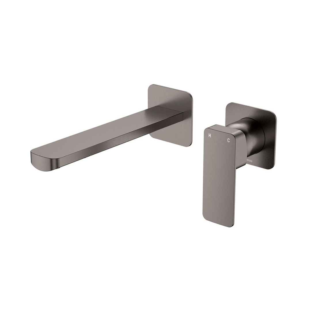 Fienza Tono Basin/Bath Wall Mixer 200mm Outlet Set Small Square Plates Gun Metal