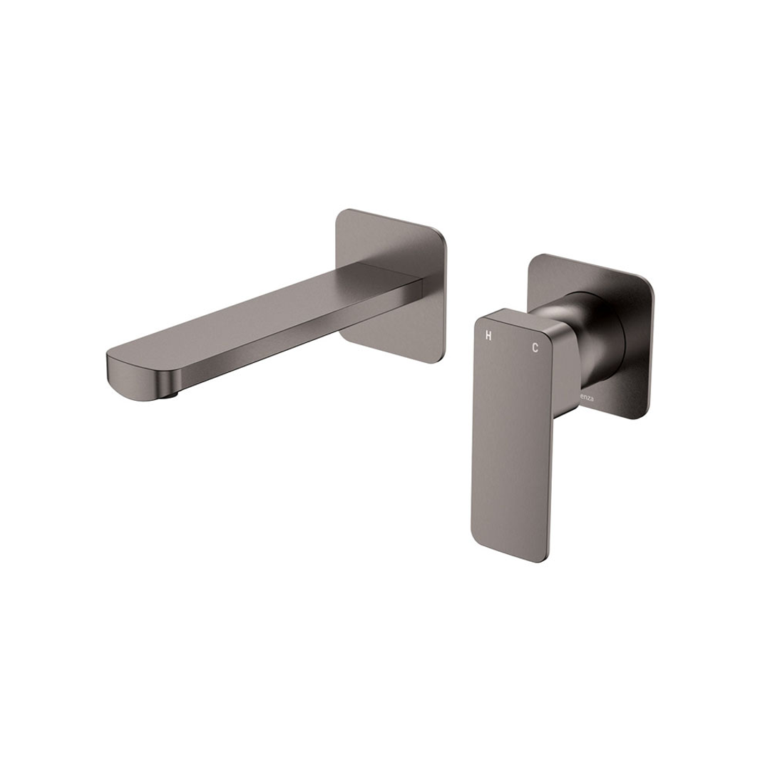 Fienza Tono Basin/Bath Wall Mixer 160mm Outlet Set Small Square Plates Gun Metal