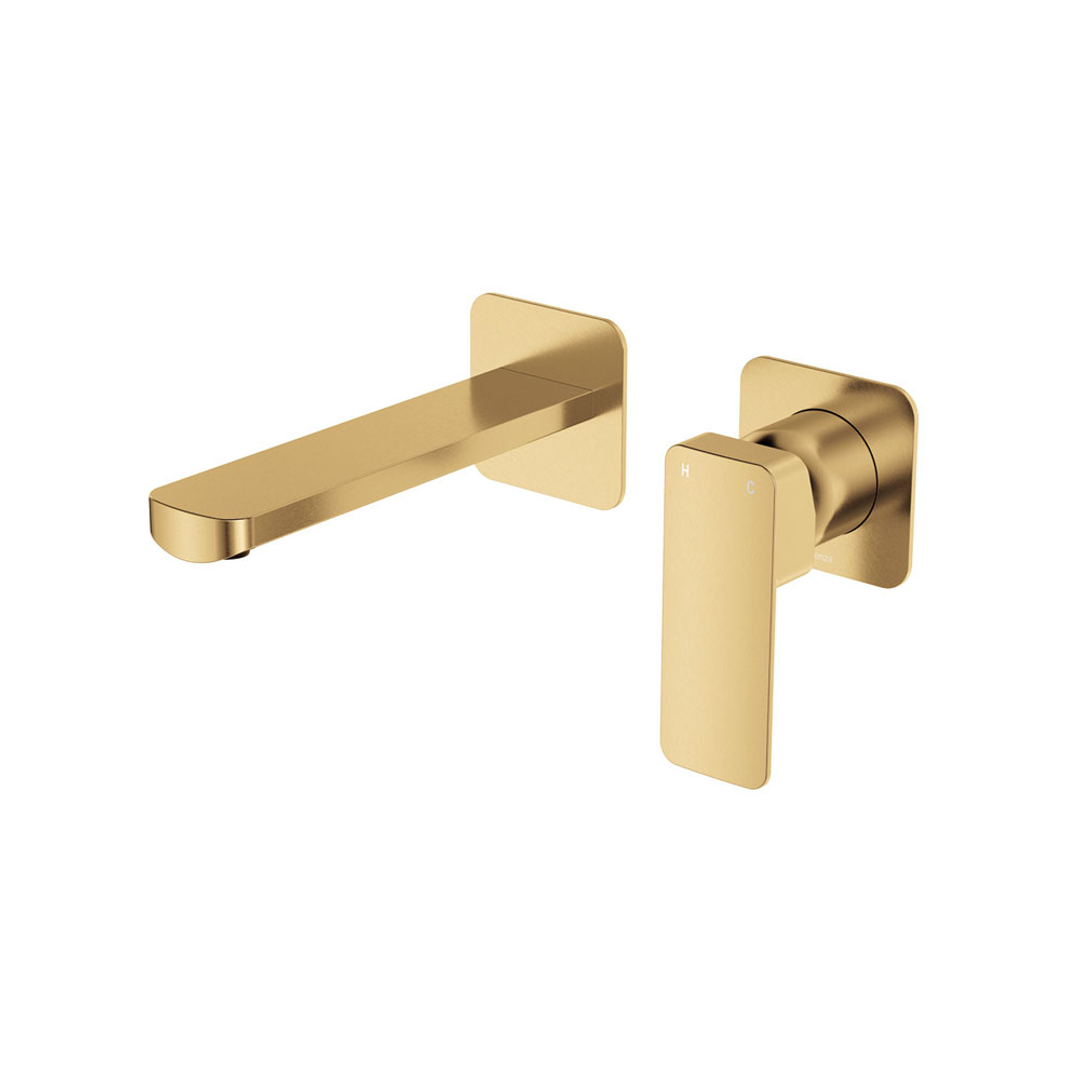 Fienza Tono Basin/Bath Wall Mixer 160mm Outlet Set Small Square Plates Urban Brass