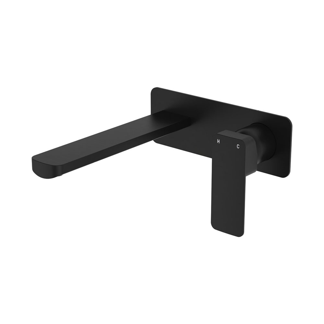 Fienza Tono Basin/Bath Wall Mixer 200mm Outlet Set Large Square Plates Matte Black