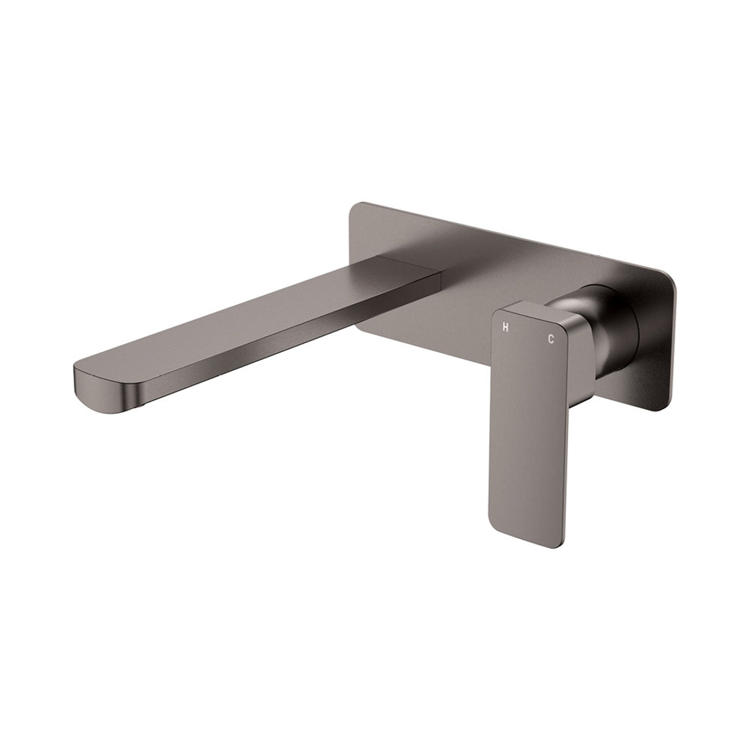 Fienza Tono Basin/Bath Wall Mixer 200mm Outlet Set Large Square Plates Gun Metal
