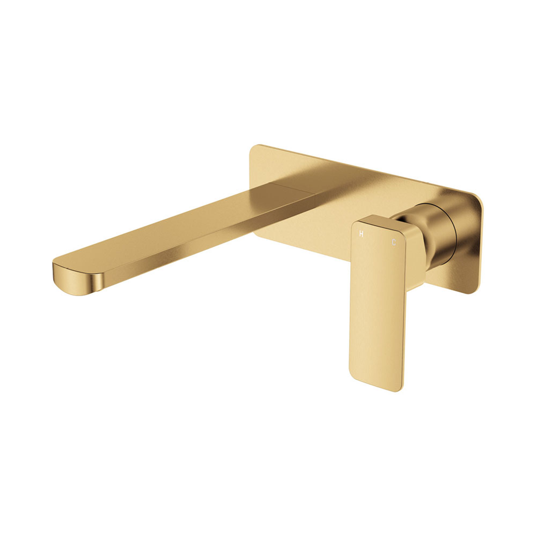 Fienza Tono Basin/Bath Wall Mixer 200mm Outlet Set Large Square Plates Urban Brass