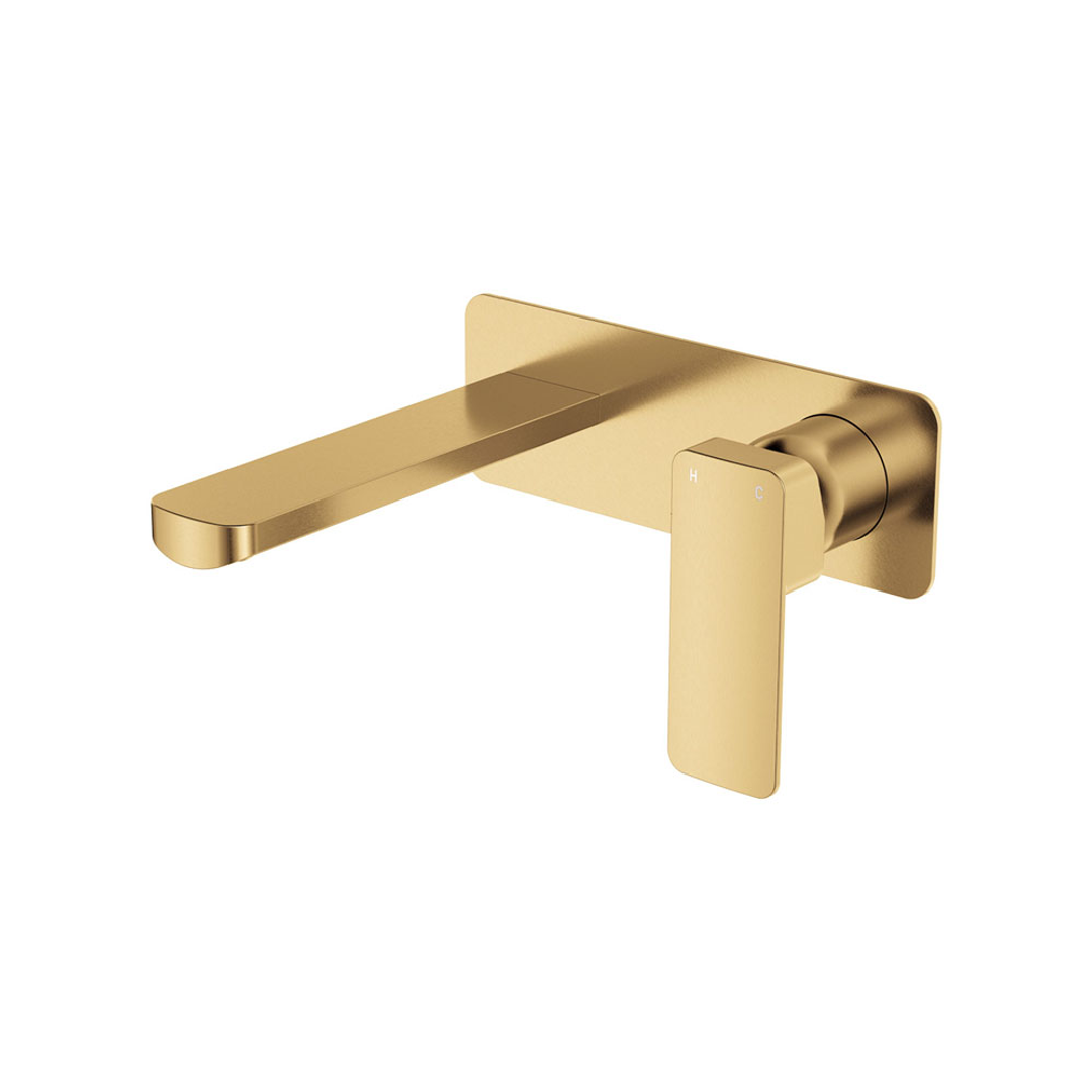 Fienza Tono Basin/Bath Wall Mixer 160mm Outlet Set Large Square Plates Urban Brass