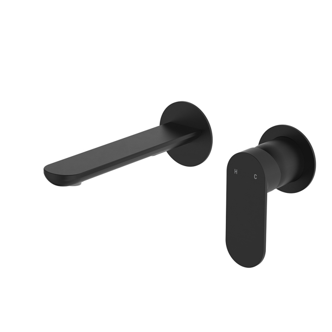 Fienza Empire Slim Basin/Bath Wall Mixer Set Round Plates 160mm Matte Black Lf