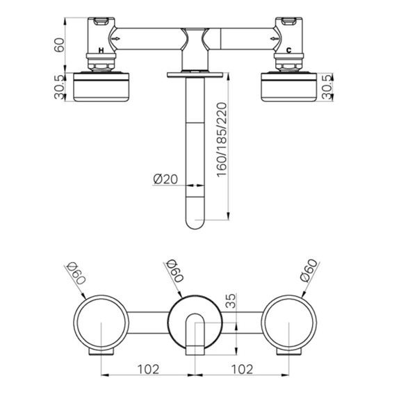 Nero Serenity Wall Basin Set 185Mm Spout With Rome Travertine Handle Brushed Bronze