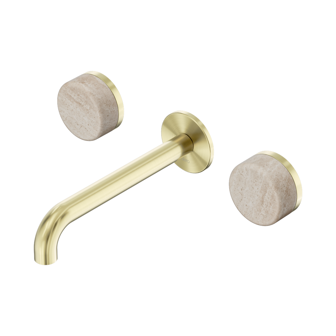 Nero Serenity Wall Basin Set 185Mm Spout With Rome Travertine Handle Brushed Gold