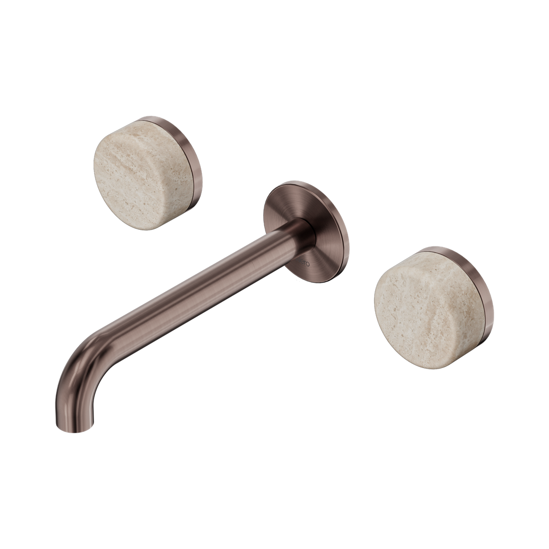 Nero Serenity Wall Basin Set 185Mm Spout With Rome Travertine Handle Brushed Bronze