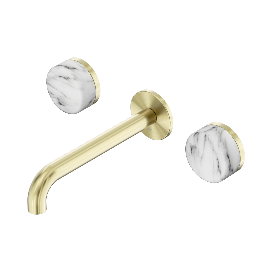 Nero Serenity Wall Basin Set 185Mm Spout With Arabescato Corchia Handle Brushed Gold