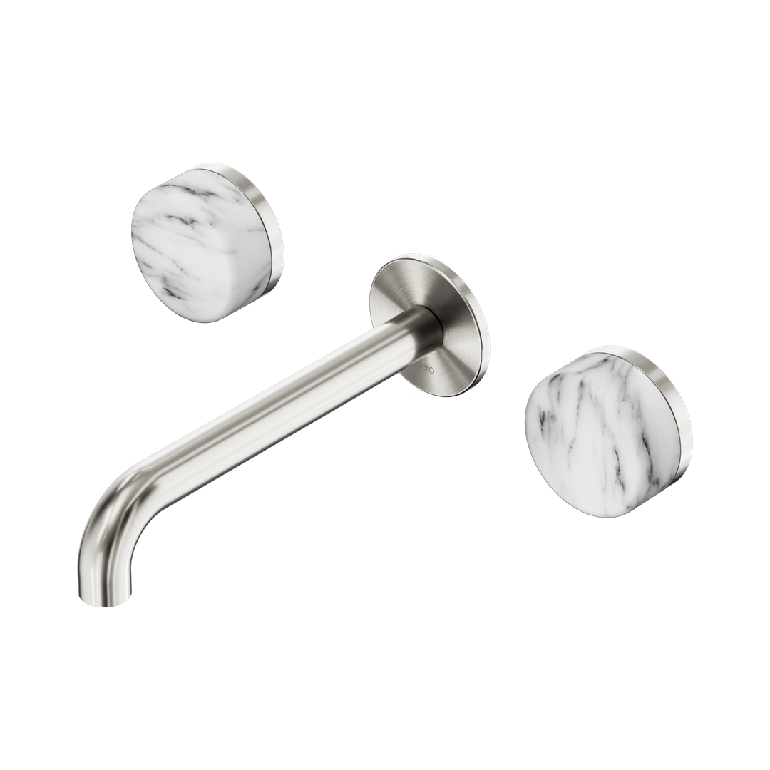 Nero Serenity Wall Basin Set 185Mm Spout With Arabescato Corchia Handle Brushed Nickel