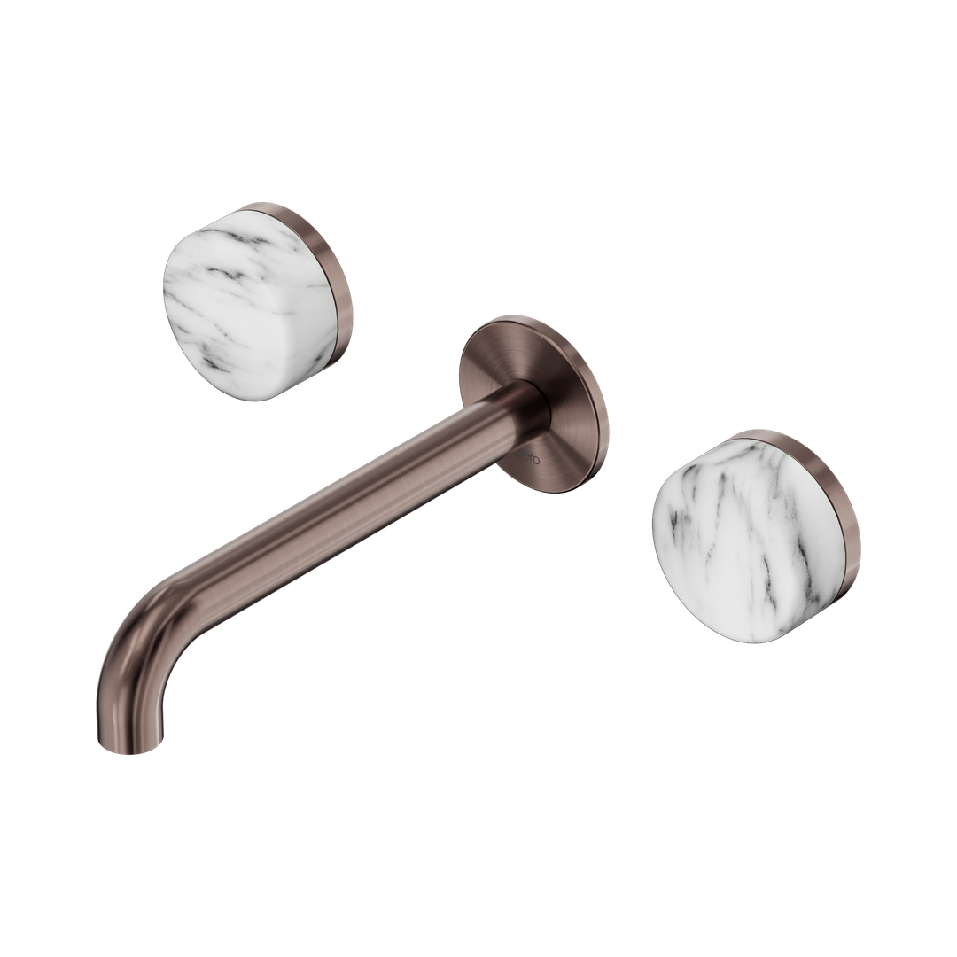 Nero Serenity Wall Basin Set 185Mm Spout With Arabescato Corchia Handle Brushed Bronze