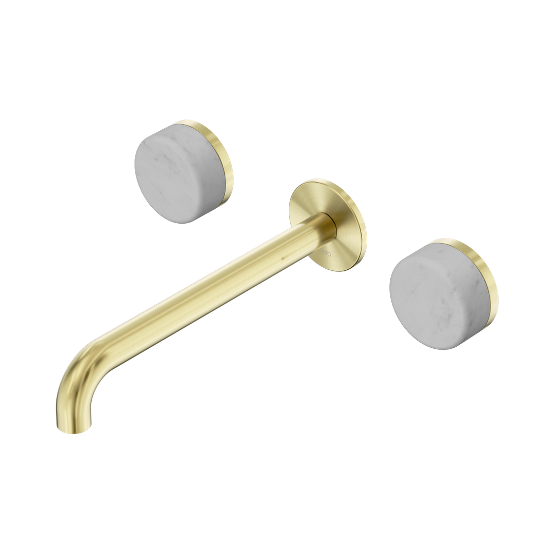 Nero Serenity Wall Basin Set 220Mm Spout With Carrara Handle Brushed Gold