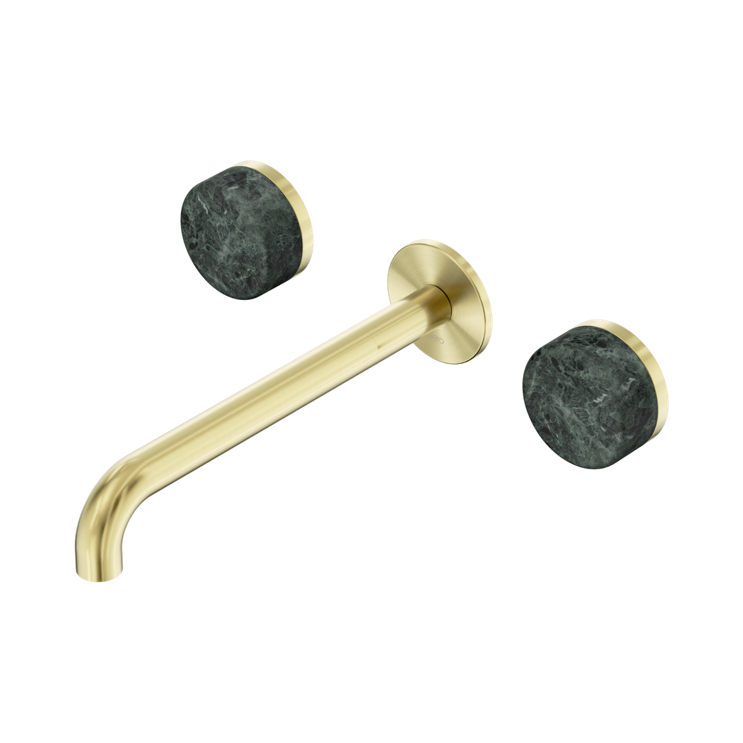 Nero Serenity Wall Basin Set 220Mm Spout With Verde Alpi Handle Brushed Gold
