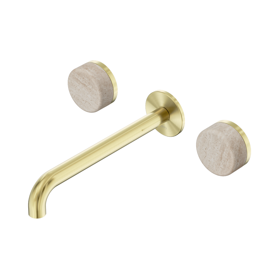 Nero Serenity Wall Basin Set 220Mm Spout With Rome Travertine Handle Brushed Gold