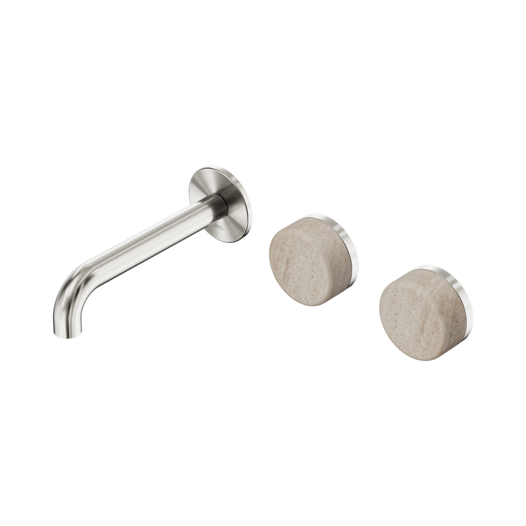 Nero Serenity Wall Basin Set 160Mm Offset Spout With Rome Travertine Handle Brushed Nickel