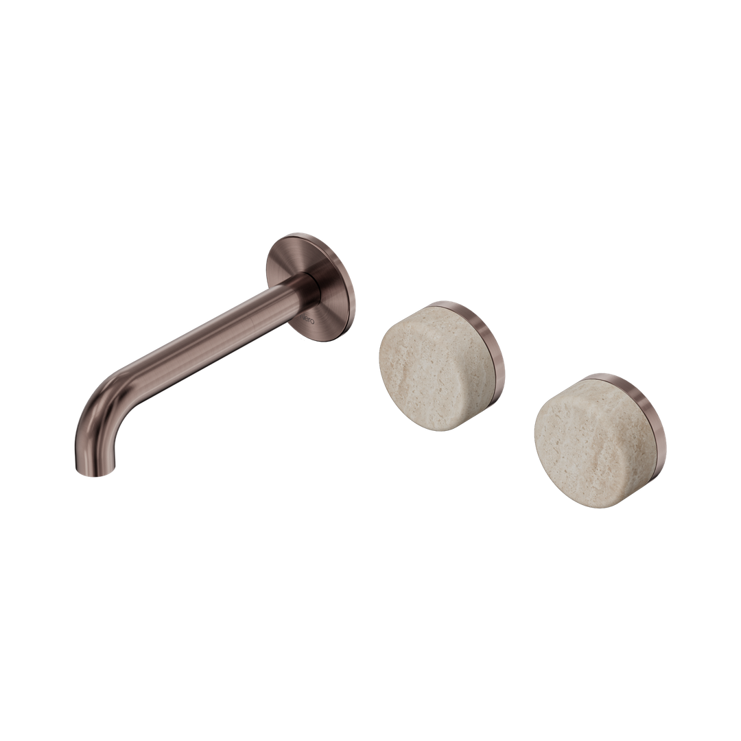 Nero Serenity Wall Basin Set 160Mm Offset Spout With Rome Travertine Handle Brushed Bronze