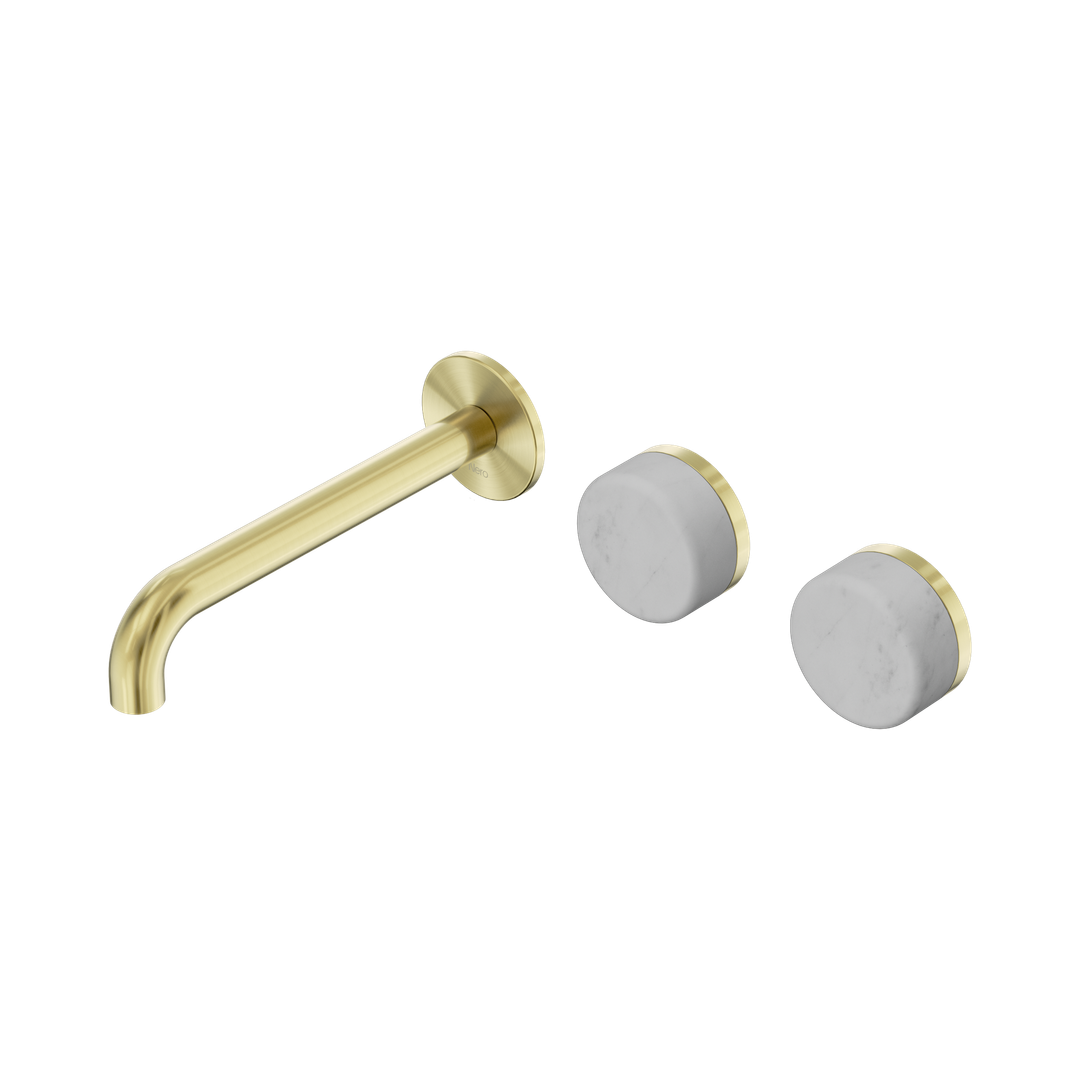 Nero Serenity Wall Basin Set 185Mm Offset Spout With Carrara Handle Brushed Gold