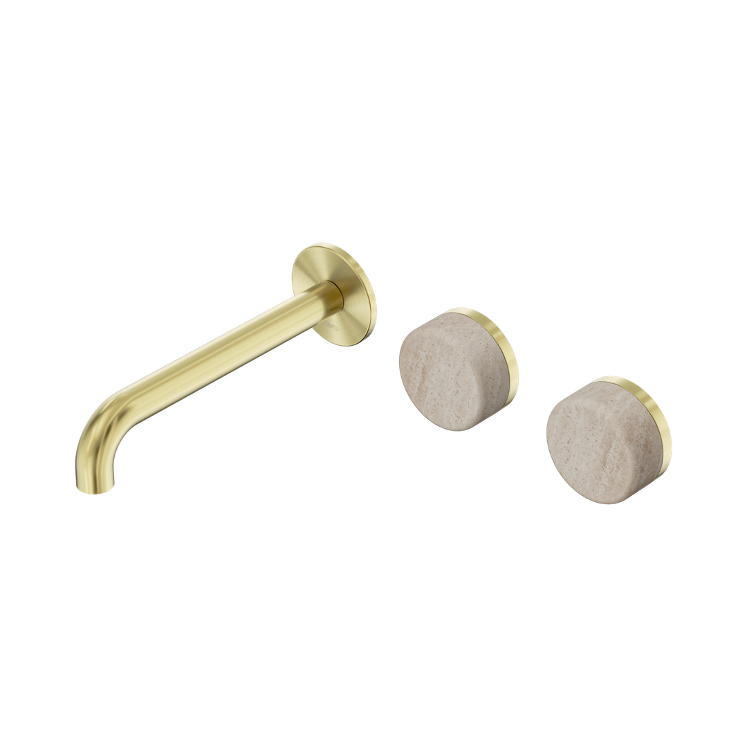 Nero Serenity Wall Basin Set 185Mm Offset Spout With Rome Travertine Handle Brushed Gold