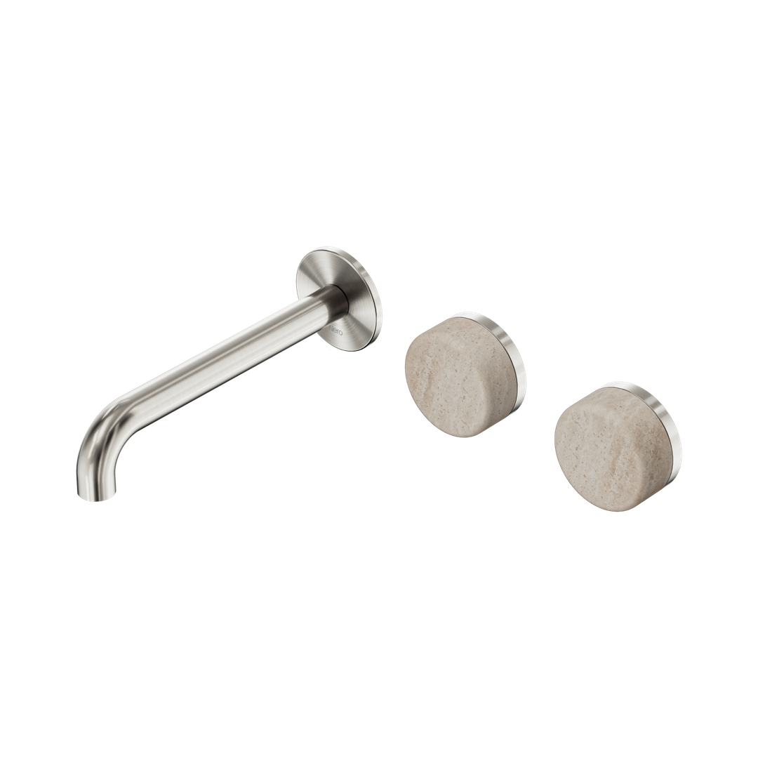 Nero Serenity Wall Basin Set 185Mm Offset Spout With Rome Travertine Handle Brushed Nickel