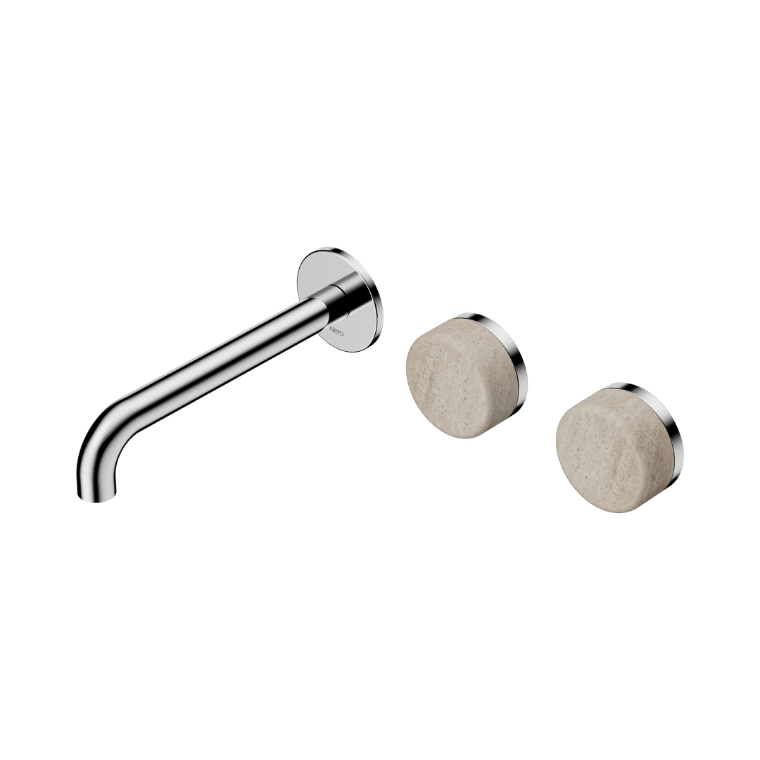 Nero Serenity Wall Basin Set 185Mm Offset Spout With Rome Travertine Handle Chrome