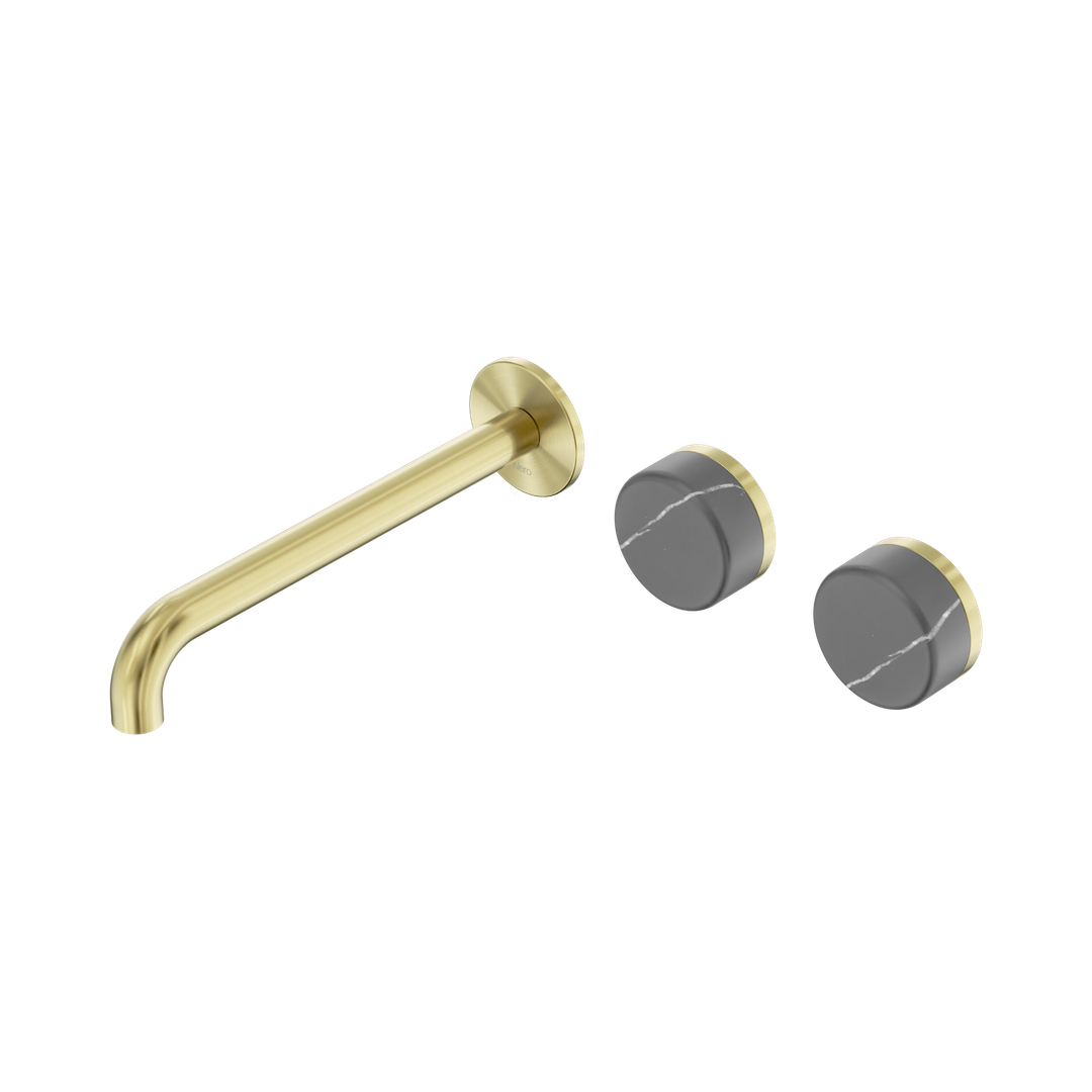 Nero Serenity Wall Basin Set 220Mm Offset Spout With Carrara Handle Brushed Gold