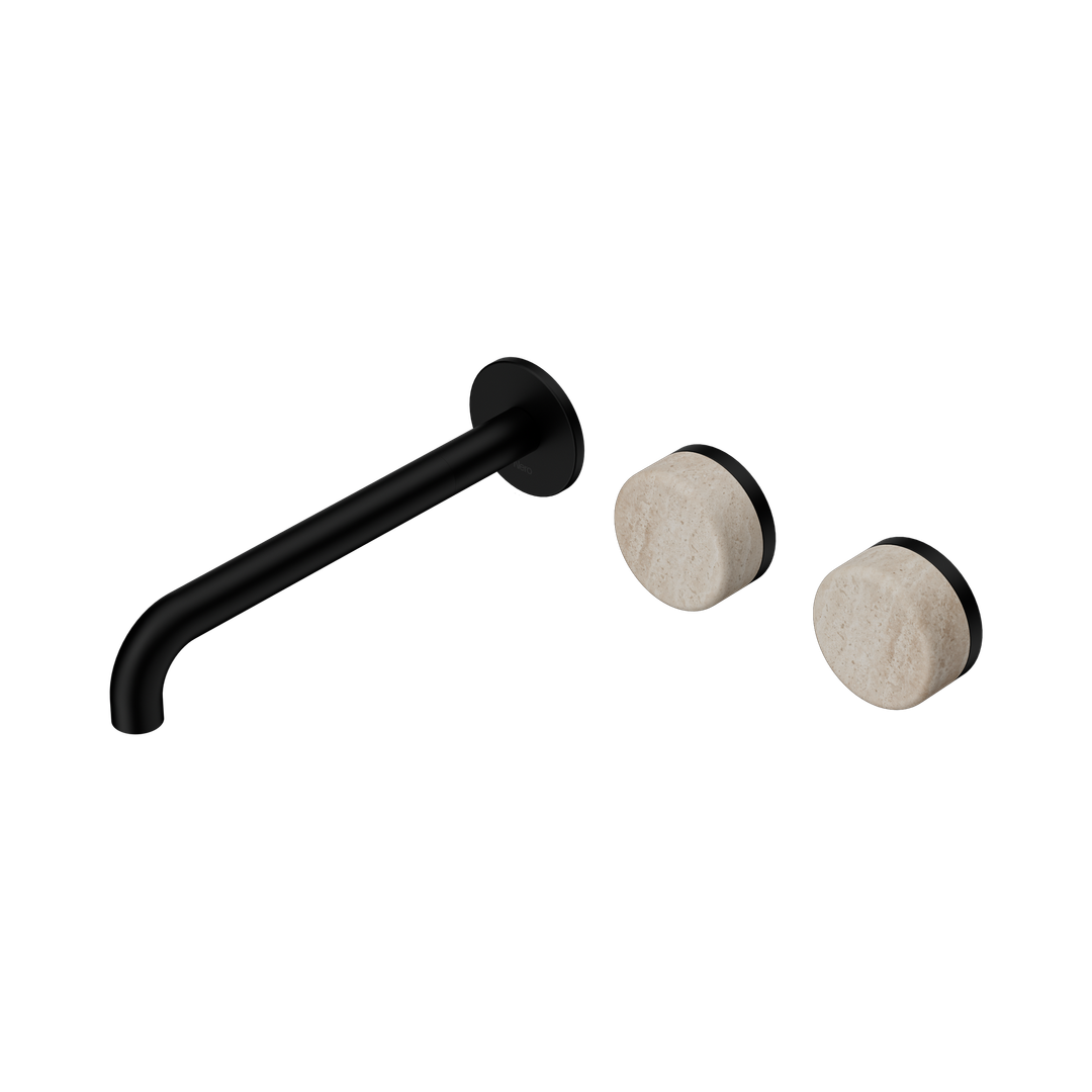 Nero Serenity Wall Basin Set 220Mm Offset Spout With Rome Travertine Handle Matte Black