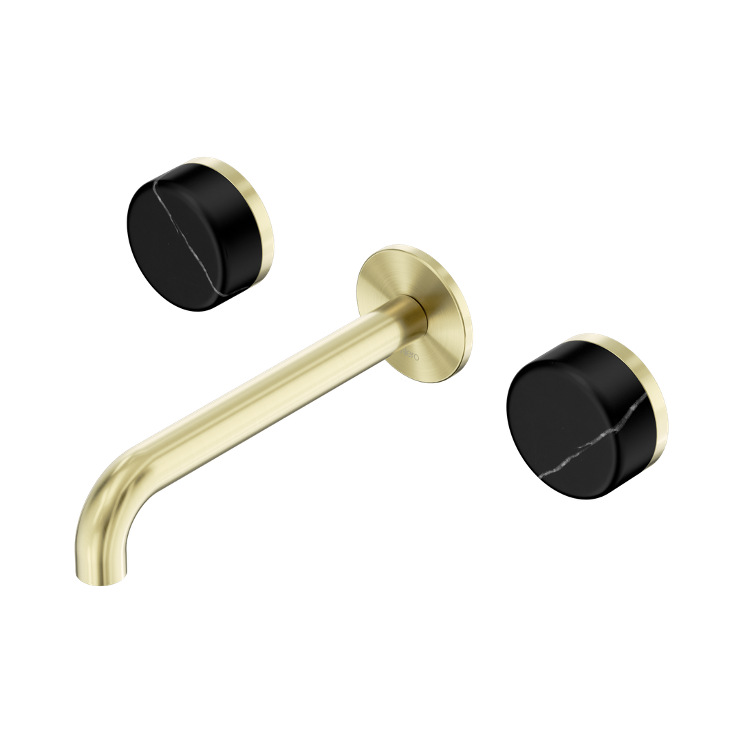 Nero Serenity Wall Basin Set 185Mm Spout With Marquina Black Handle Brushed Gold