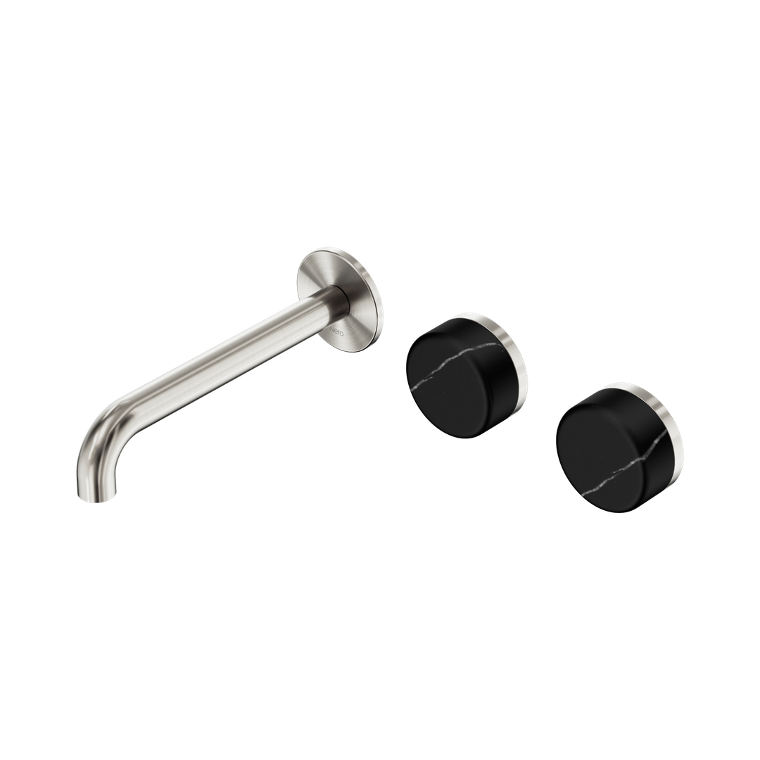 Nero Serenity Wall Basin Set 185Mm Offset Spout With Marquina Black Handle Brushed Nickel